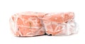 Closeup frozen sausage bologna in plastic bag with ice crystals isolated on white background