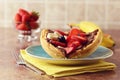 Closeup of fruit waffle sandwich with chocolate spread