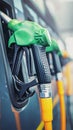 Closeup fuel nozzles dispensing petrol and diesel at station