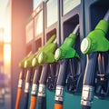 Closeup fuel nozzles dispensing petrol and diesel at station