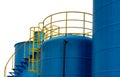 Closeup fuel storage tank in petroleum refinery. Blue big tank of oil storage. Fuel silo. Liquid petroleum tank. Petroleum oil