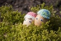 Closeup of funny eggs with chicken face for Easter decoration