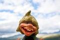 Closeup of Funny Norwegian Troll figure laughing outdoors