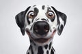 Closeup Funny Portrait of surprised Dalmatian dog with Huge Eyes on solid white background. ai generative