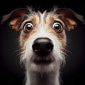Closeup Funny Portrait of surprised dog with Huge Eyes, wide angle shot. ai generative