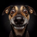 Closeup Funny Portrait of surprised dog with Huge Eyes, wide angle shot. ai generative