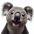 Closeup Funny Portrait of surprised Koala with Huge Eyes on solid white background, wide angle shot. ai generative