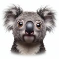 Closeup Funny Portrait of surprised Koala with Huge Eyes on solid white background, wide angle shot. ai generative