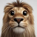 Closeup Funny Portrait of surprised lion with Huge Eyes on solid white background, wide angle shot. ai generative