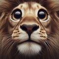 Closeup Funny Portrait of surprised lion with Huge Eyes on solid white background, wide angle shot. ai generative