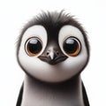 Closeup Funny Portrait of surprised penguin with Huge Eyes on solid white background, wide angle shot. ai generative