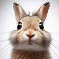 Closeup Funny Portrait of surprised rabbit with Huge Eyes on solid white background, wide angle shot. ai generative