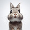 Closeup Funny Portrait of surprised rabbit with Huge Eyes on solid white background, wide angle shot. ai generative