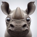 Closeup Funny Portrait of surprised rhinoceros with Huge Eyes on solid white background, wide angle shot. ai generative Royalty Free Stock Photo