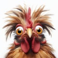 Closeup Funny Portrait of surprised rooster with Huge Eyes on solid white background, wide angle shot. ai generative