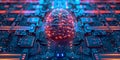 A closeup of a futuristic brain chip server with colorful laser lights symbolizing advanced