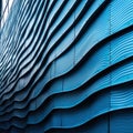 Closeup of futuristic metal building. Modern architecture of blue metall.
