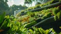 Closeup of a futuristic rooftop garden made up of selfsustaining plant ecosystems incorporating natural filtration