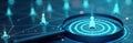 Closeup futuristic tech graphic design. Magnifying glass focuses on person icon. Digital network map shows possible new employee
