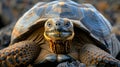 Closeup of galapagos tortoise with weathered skin texture against volcanic rocks backdrop