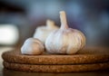 Closeup of garlic bulb and cloves on a round cork board Royalty Free Stock Photo