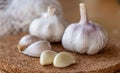 Closeup of garlic bulb and cloves on a round cork board Royalty Free Stock Photo