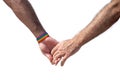 Closeup of a gay couple holding hands, Rainbow flag is a symbol of lesbian, gay, bisexual, and transgender. White background