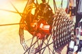 Closeup gear mountain bike wheel detail and disc brake. Royalty Free Stock Photo