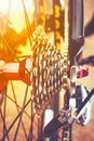 Closeup gear mountain bike wheel detail and disc brake. Royalty Free Stock Photo