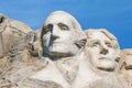 Closeup of George Washington and Thomas Jefferson. Presidential sculpture at Mount Rushmore National Monument, South Dakota, USA. Royalty Free Stock Photo