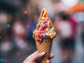 Closeup of girl holding ice cream in large waffle cone with colourful sprinkles and chocolate. Happy childhood lifestyle.