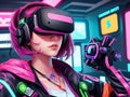 Closeup of Girl Wearing VR Headset Illustrations in 4k Cyberpunk World. generative AI