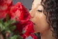 Closeup studio portrait of young Latina woman smelling red flowers Royalty Free Stock Photo