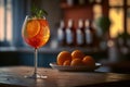Closeup glass of aperol spritz cocktail decorated with orange at bar background. AI Generation Royalty Free Stock Photo