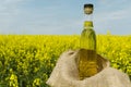 Closeup of glass bottle of canola oil, sackcloth against canola field.Empty space Royalty Free Stock Photo