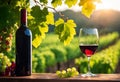 Closeup of a glass and bottle of tasteful red wine among green leaves and red grapes, AI-generated Royalty Free Stock Photo