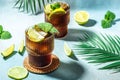 Closeup glass of cuba libre cocktail decorated with mint on a light background, cookbook recipe top view Royalty Free Stock Photo