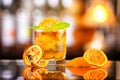 Closeup glass of mai tai cocktail decorated with orange chips Royalty Free Stock Photo