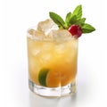 Closeup glass of mai tai cocktail decorated with orange chips and mint. Royalty Free Stock Photo