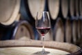 Closeup glass with red wine on background wooden wine oak barrel stacked in straight rows in order, old cellar of winery, vault. Royalty Free Stock Photo