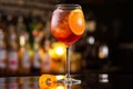 Closeup glass of spritz aperol cocktail decorated with orange Royalty Free Stock Photo