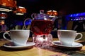 Close up transparent glass teapot in cafe Royalty Free Stock Photo