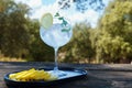 Closeup of a glass of a tonic with ice cubes and lemon