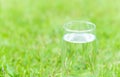 Closeup glass of water on green grass nature background, food healthy concept Royalty Free Stock Photo