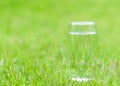 Closeup glass of water on green grass nature background, food healthy concept Royalty Free Stock Photo