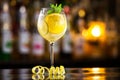 Closeup glass of white sparkling wine sangria