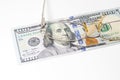 Closeup glasses on US 100 hundred dollar bill or banknote background