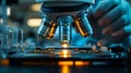 Closeup of Gloved Hand Using a Microscope in a Blue Lit Laboratory Royalty Free Stock Photo