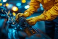 Closeup of gloved hands meticulously handling an industrial component