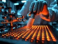 Closeup of gloved hands meticulously working on a glowing circuit board, a powerful visual metaphor for technological precision